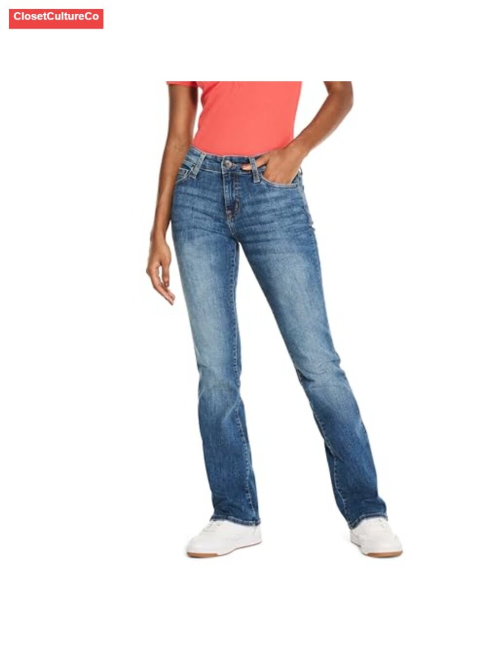 Mid Rise Bootcut Jeans Comfort Stretch Denim Contour Waistband